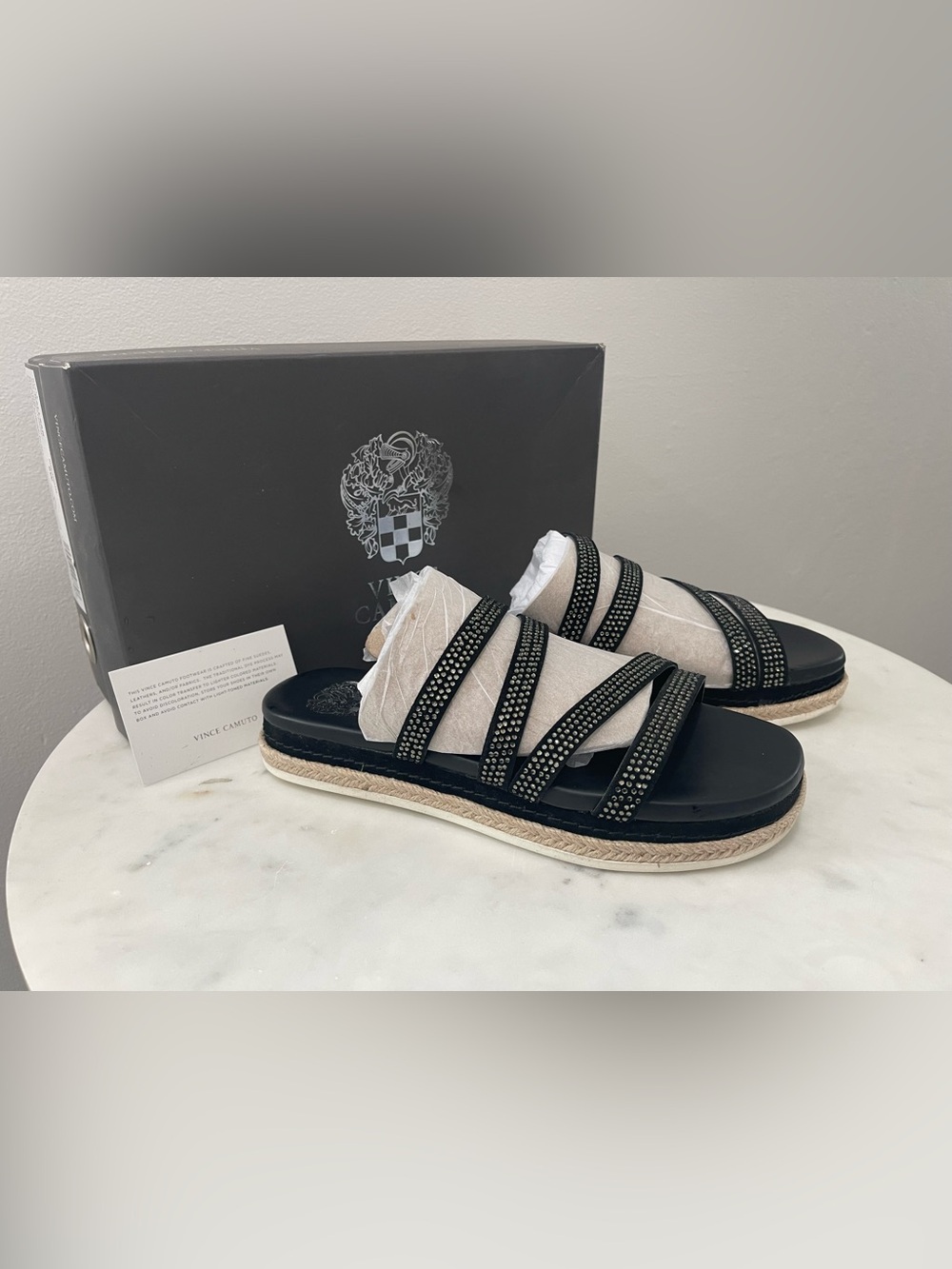NIB Vince Camuto Espadrille Rallsan Black Rhinestone Sandals Sz 6W